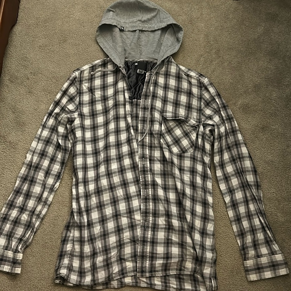 Grey/Black/White Plaid Long Sleeve Button Up with Hood